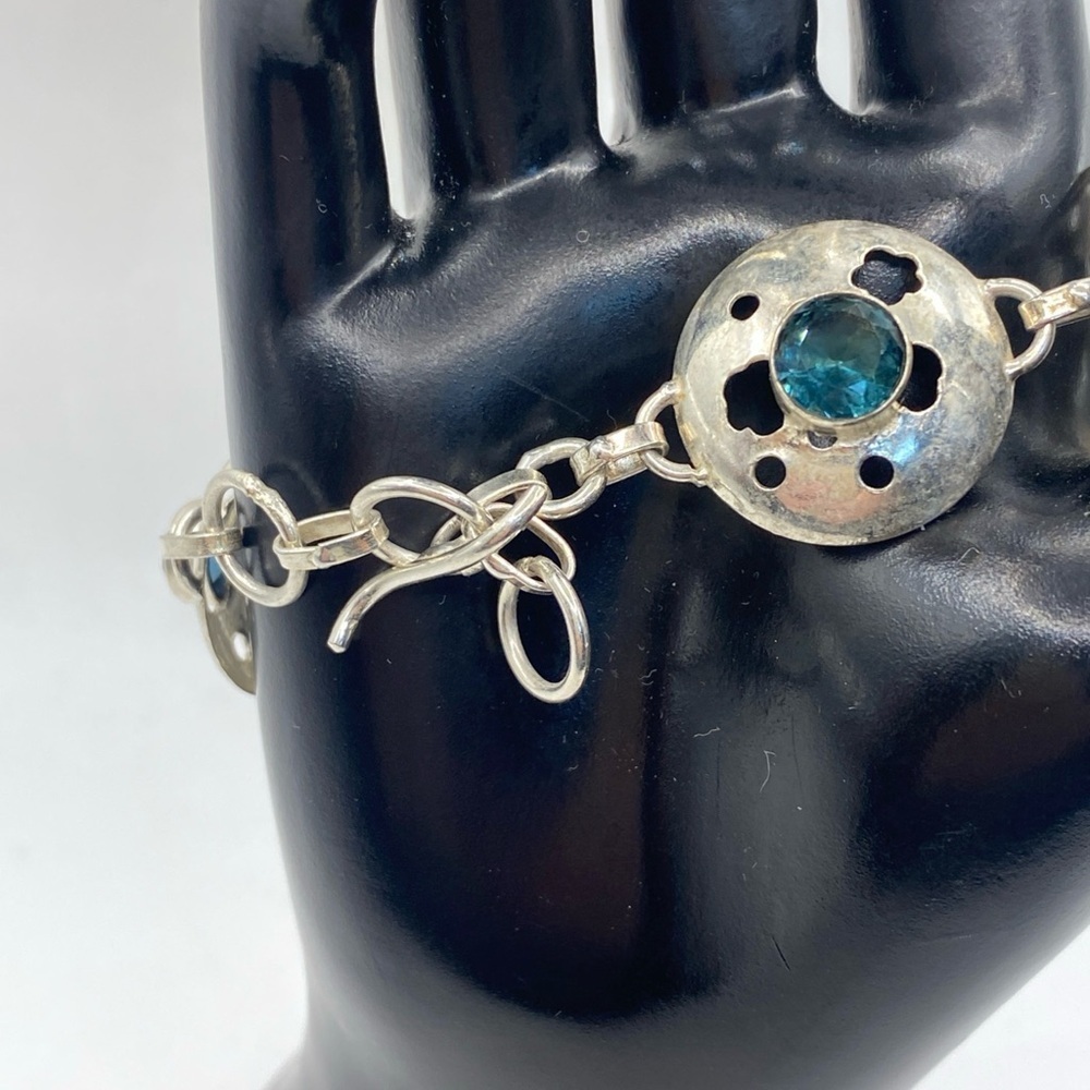 Vintage Disc Bracelet with Blue Rhinestone Stones 925 Sterling Silver - Picture 3 of 9